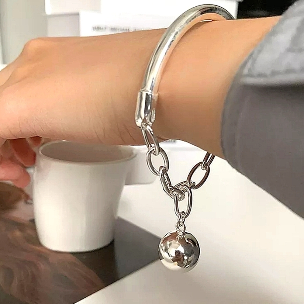 Silver Ball Drop Bracelet Chain Link Half Moon Minimalist Bangle